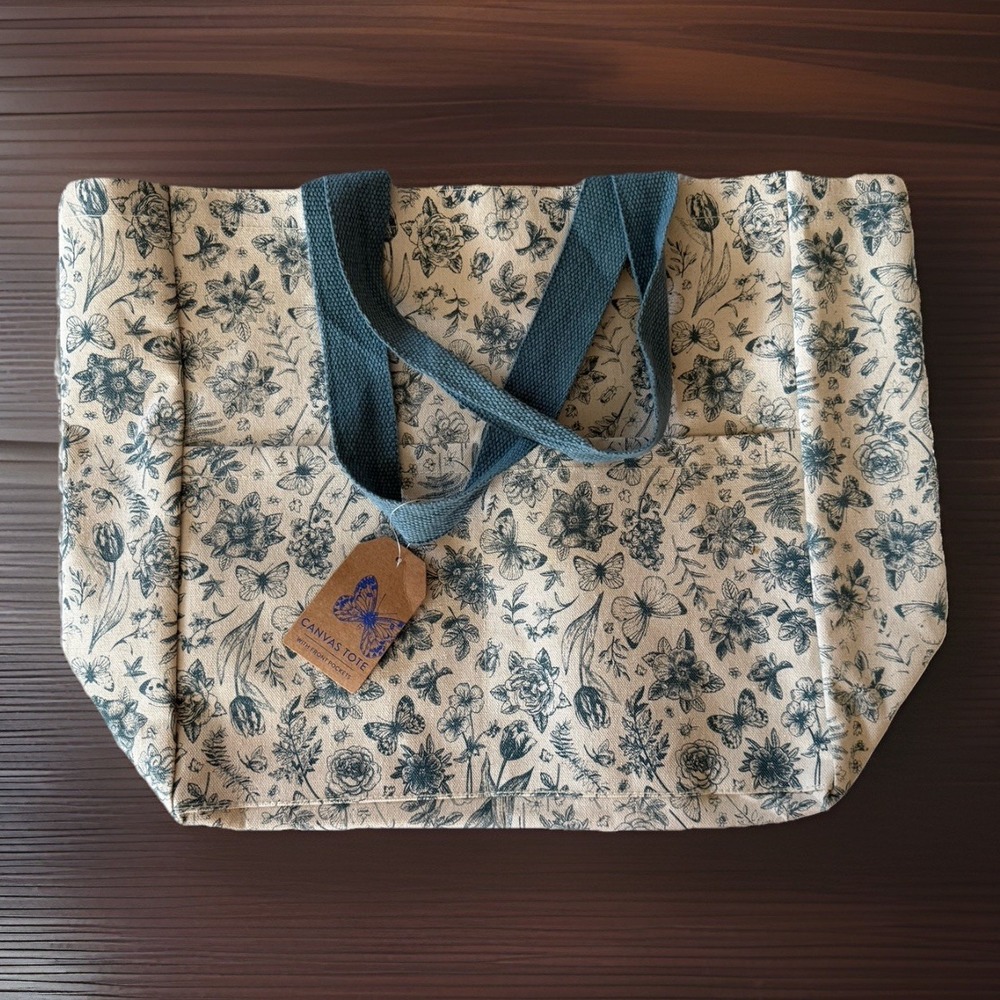 Eccolo Canvas Tote bag Large Floral Spring Summer Blue Front Pockets